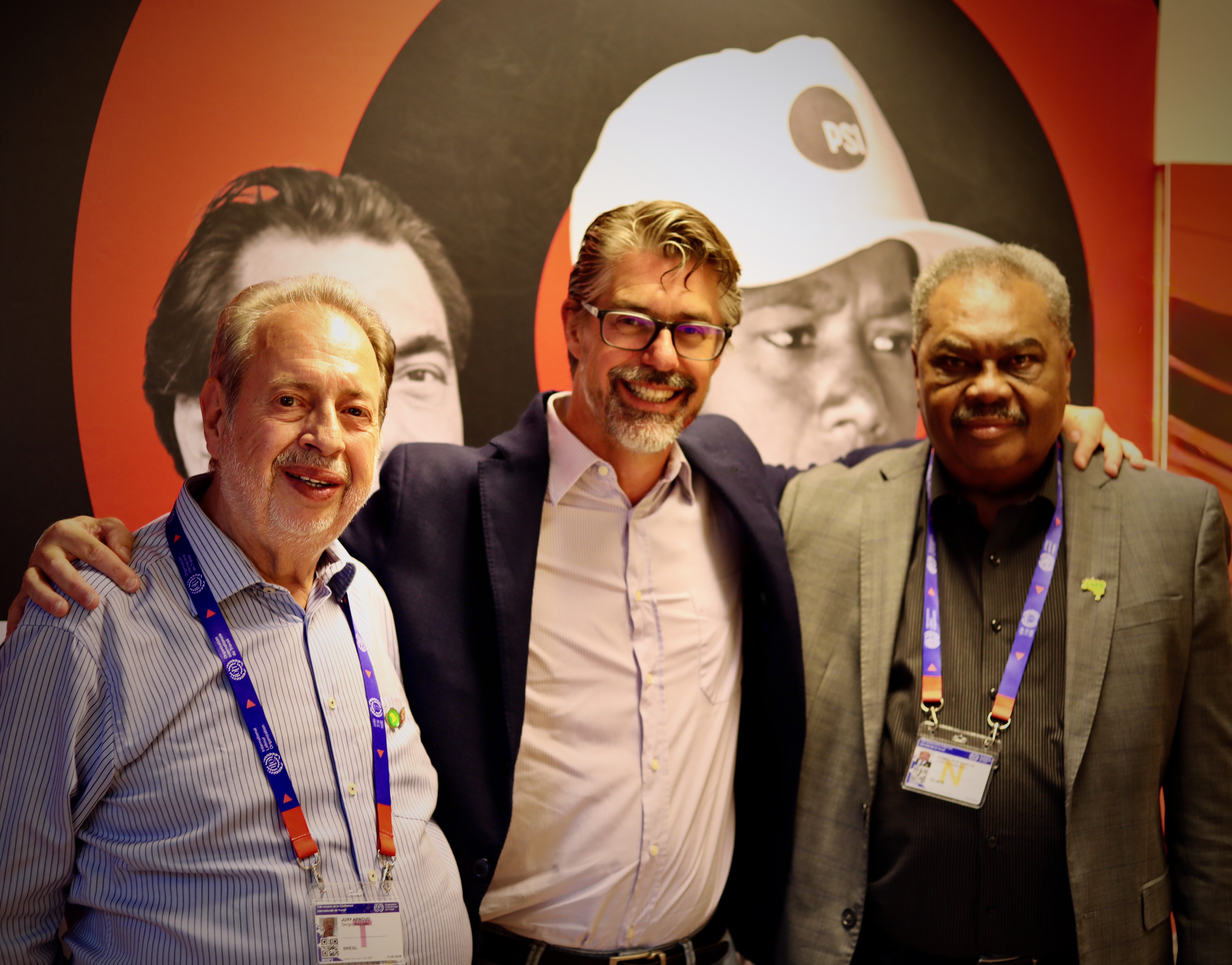 Sergio Arnoud, President of FESSERGS (L) is pictured with Daniel Bertossa, PSI General Secretary, (C) and João Domingos President of CSPB (R)