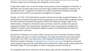 Global Unions Urge Recognition of the State of Palestine