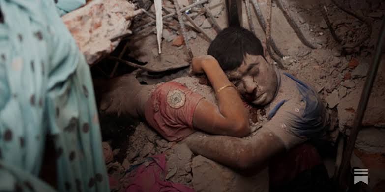 Final Embrace by Taslima Akhter, April 2013. This is an award winning photograph that captures two workers holding each other in their last moments during the Rana Plaza building collapse in Savar, Bangladesh