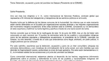 Carta al Presidente Guillermo Lasso sobre la detención, acusación y juicio de Leonidas Iza Salazar