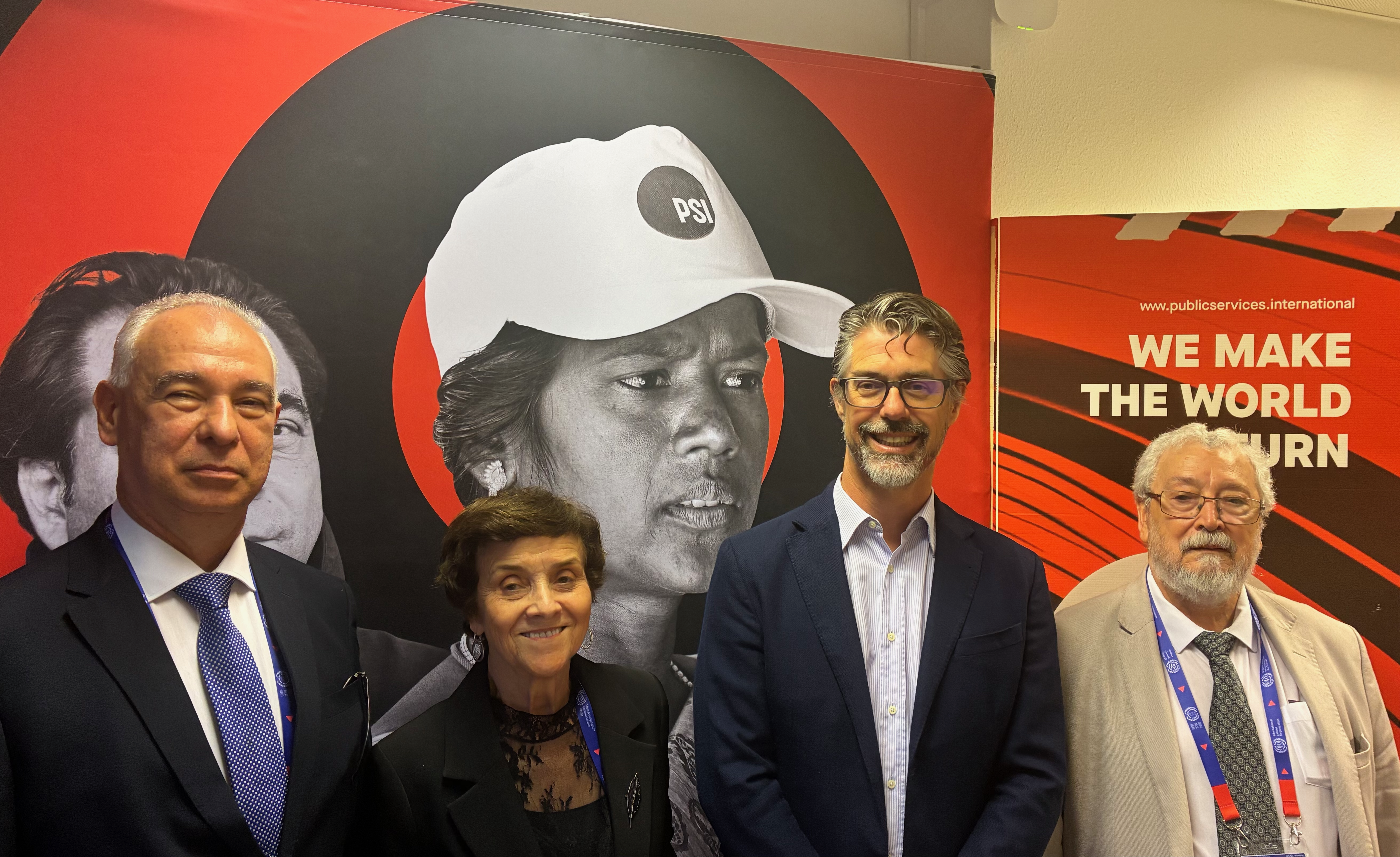 PSI General Secretary Daniel Bertossa (C-R) is pictured with Ministers of the Superior Labour Court Augusto César Leite de Carvalho (L), Delaíde Miranda Arantes (C-L), and José López Feijóo (R), Secretary of Labour Relations at the Ministry of Management and Innovation in Public Services